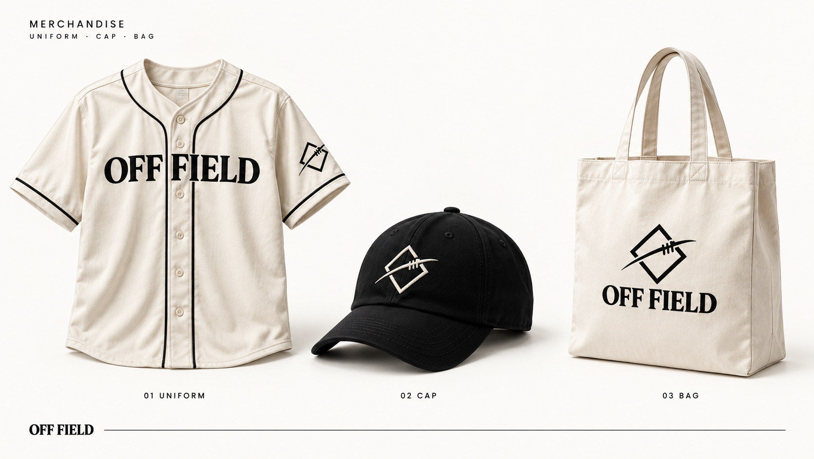 OFF FIELD 의류와 모자 굿즈
