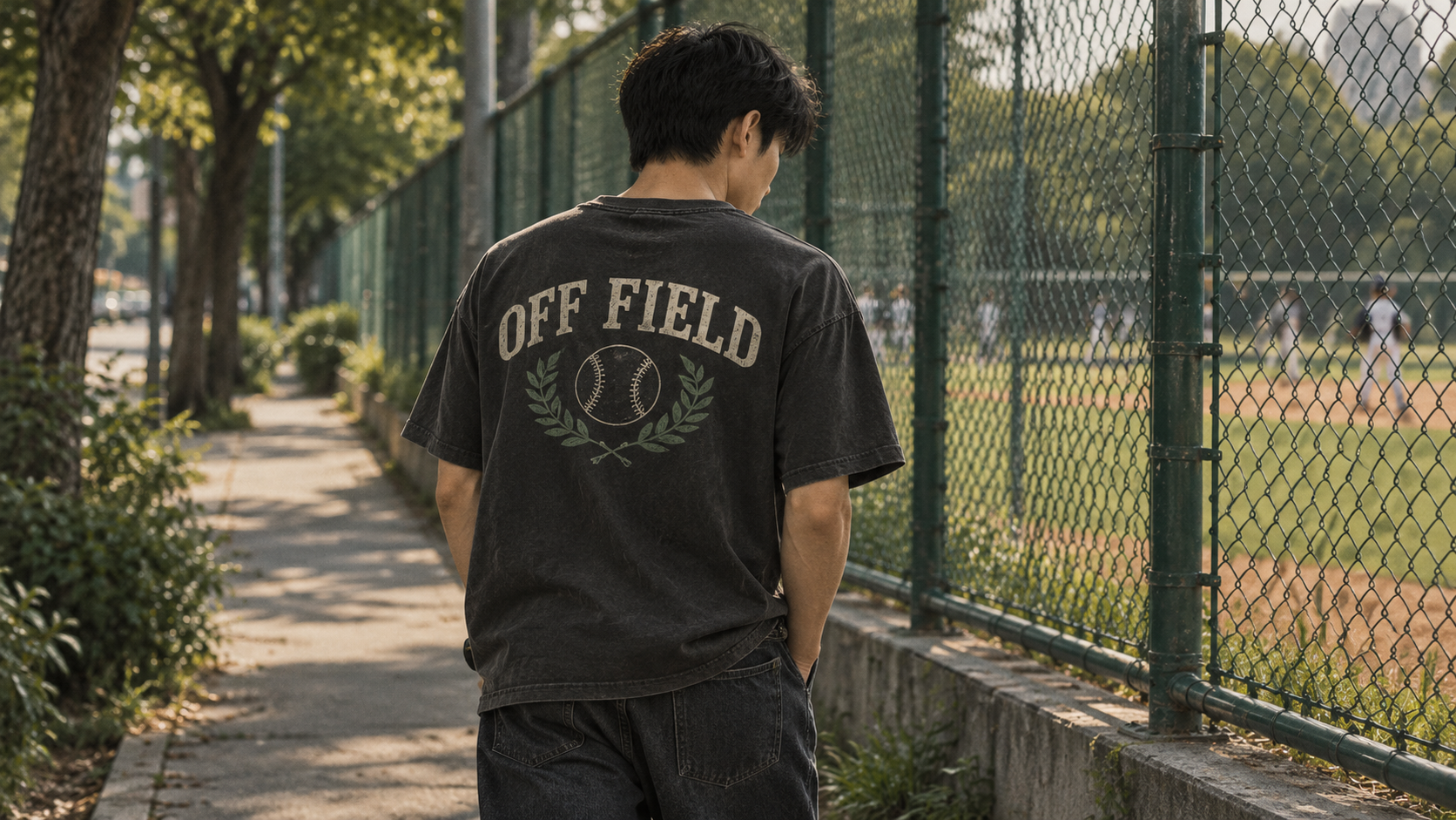 야구장 밖 일상에서 OFF FIELD를 착용한 모습